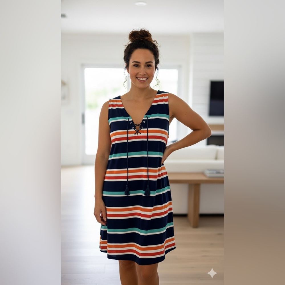 Nautical Striped Lace-Up Sleeveless Dress | Size L